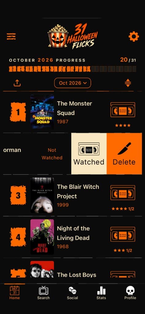 The October 2026 lineup in 31 Halloween Flicks, showing 20 of 31 movies watched, posters for nights such as The Monster Squad and The Blair Witch Project, and swipe actions to mark a movie watched or delete it